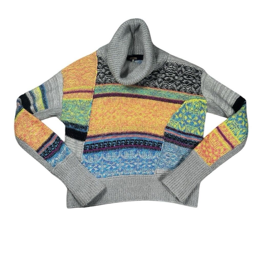 Free People This And That Turtleneck Sweater S Wool Blend Boho Gray Orange Knit